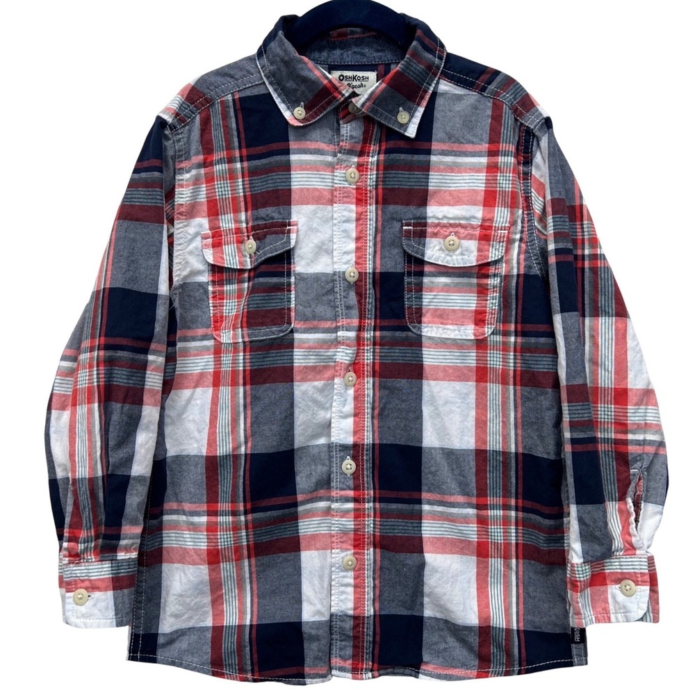 OshKosh Bgosh Plaid Button Down Shirt Boys‎ 6 Red Navy Blue Long Sleeve Pockets
